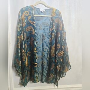 Burnout Velvet Paisley Floral Bat Wing Sheer Teal Gold Copper Duster Kimono Boho